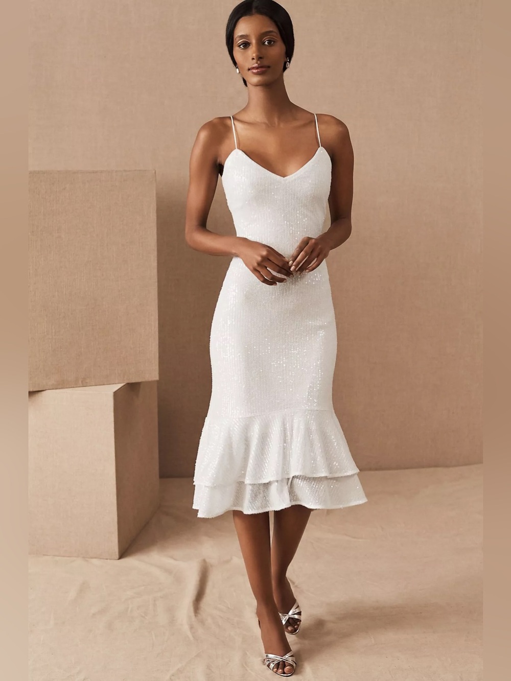 NWT BHLDN Sachin & Babi Odelle Midi Dress Size 0 White Sequin Ruffle Bride